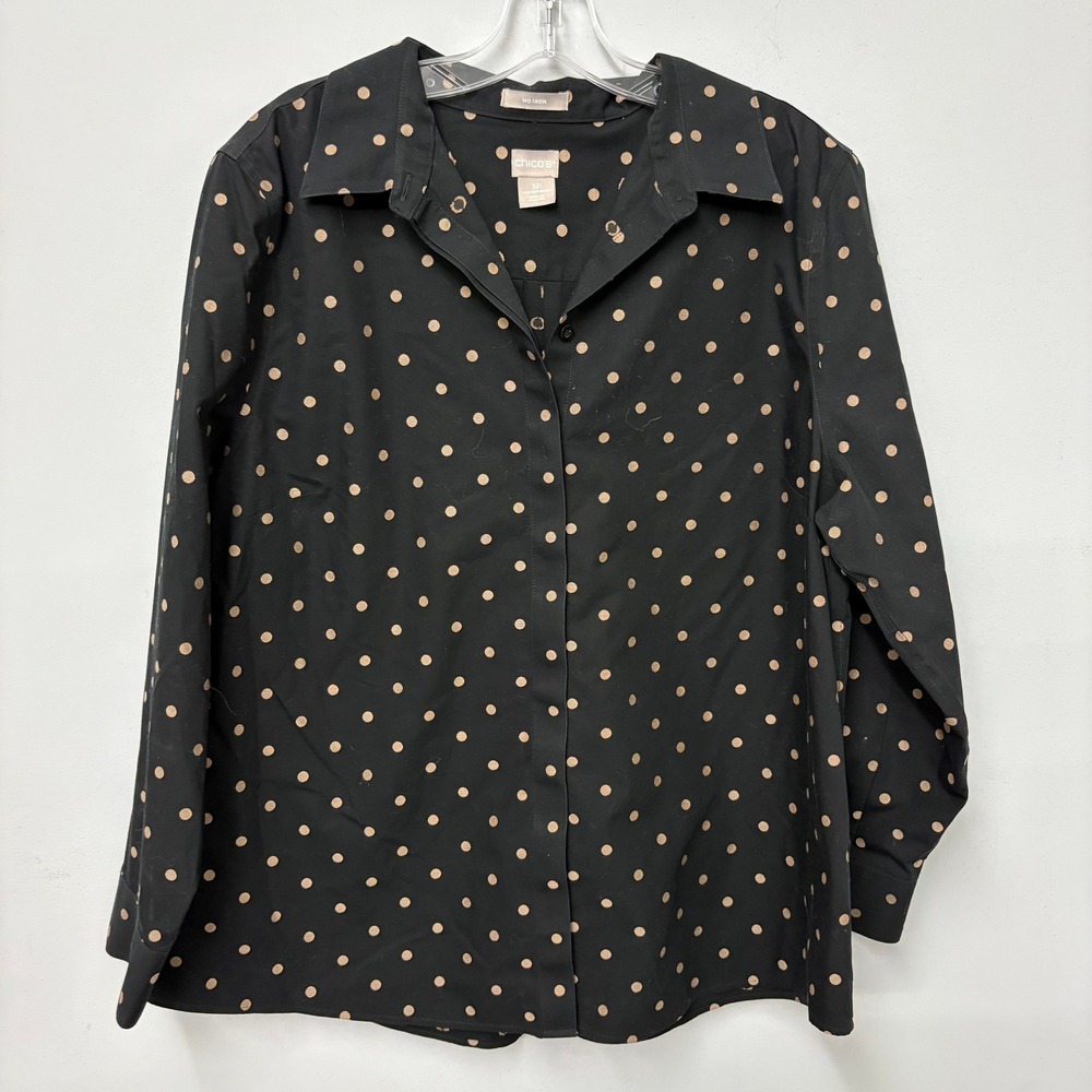Chicos No Iron Button Down Shirt Womens 3P Black Tan Polka Dot Cotton Blouse